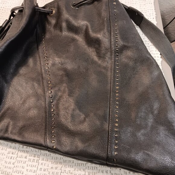 Moda Luxe black faux leather studded with tassel shoulder sling hobo bag purse - Picture 3 of 13